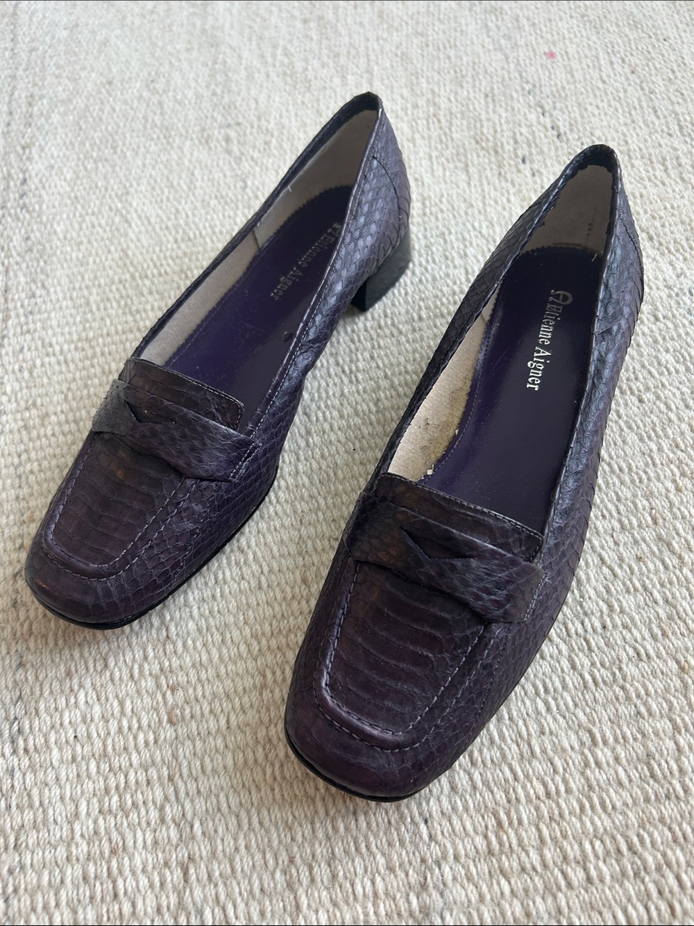 Vintage Etienne Aigner Purple Snakeskin Embossed Leather Heeled Loafer